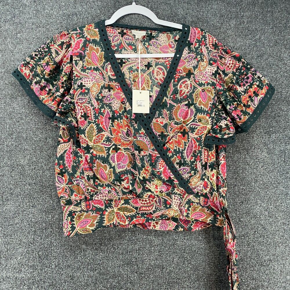 Jennifer Grace Top Womens M Wrap‎ Eyelet V-Neck Crop Fairy Cottage Boho Coquette